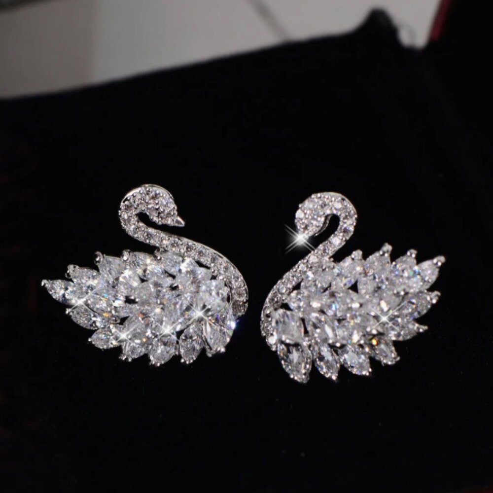 Elegant CZ Swan Stud Earrings